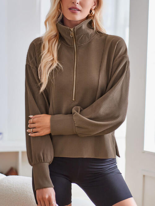 Ribbed Half Zip Collared Neck Sweatshirt |1mrk.com