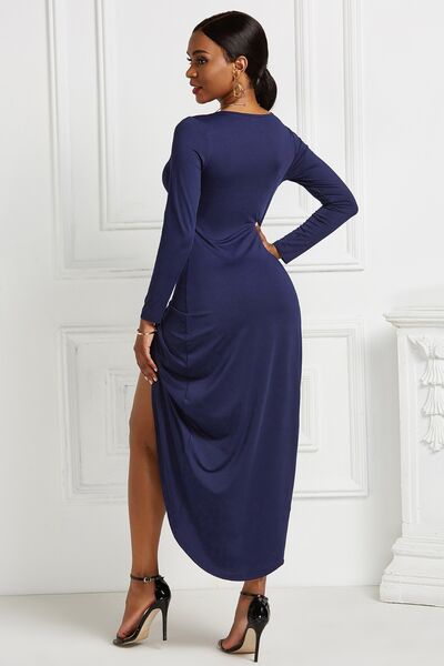 High-low Ruched Surplice Long Sleeve Dress | 1mrk.com