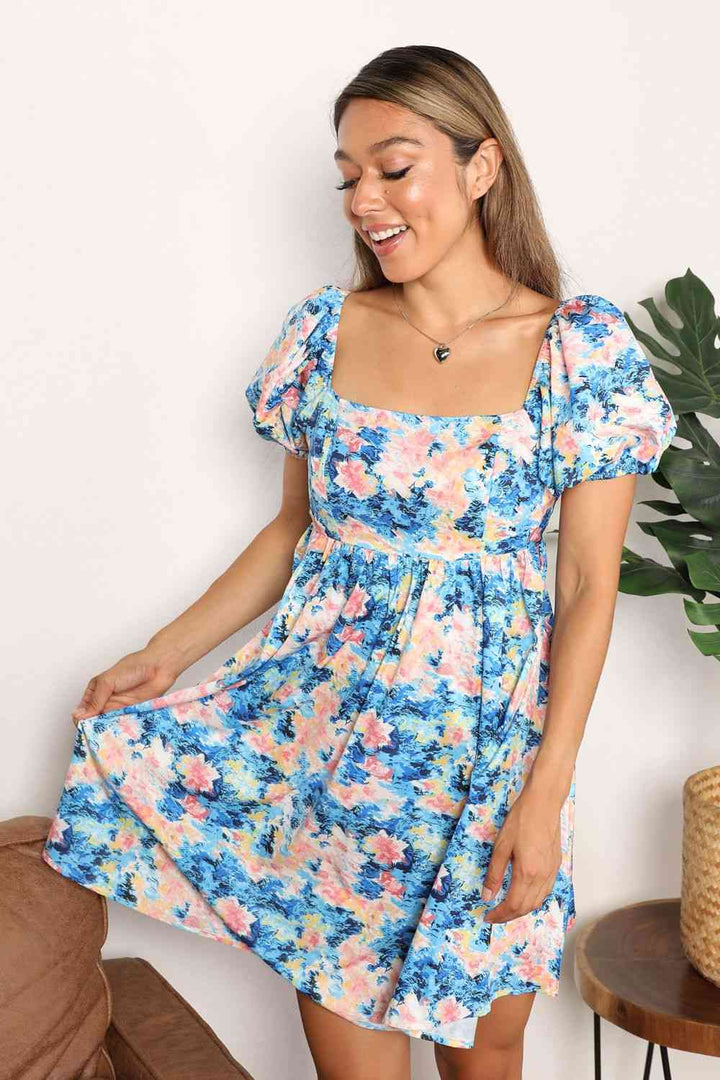 Double Take Floral Square Neck Puff Sleeve Dress | 1mrk.com