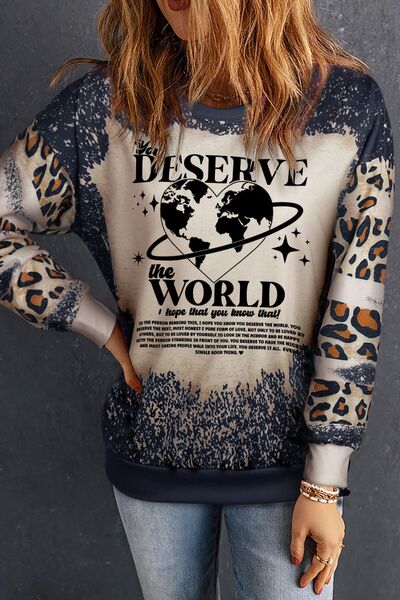 YOU DESERVE THE WORLD Leopard Round Neck Sweatshirt | Trendsi