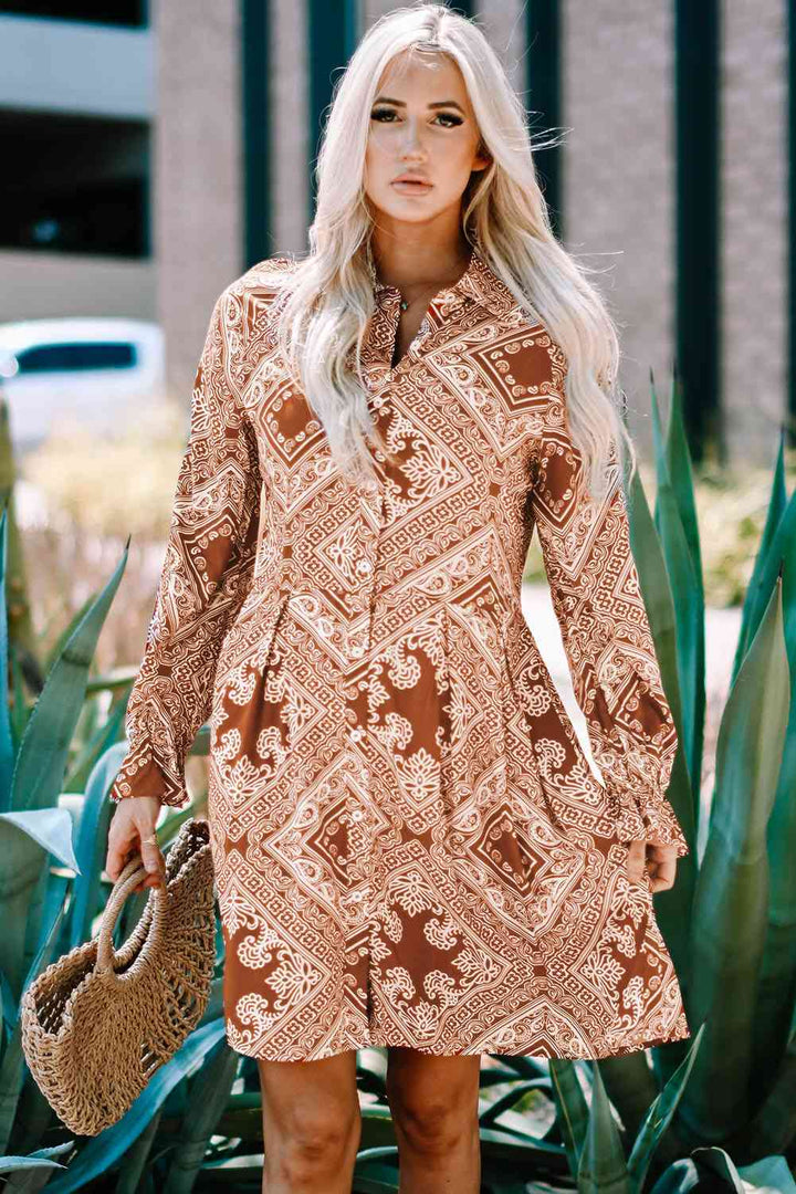 Printed Flounce Sleeve Shirt Dress |1mrk.com