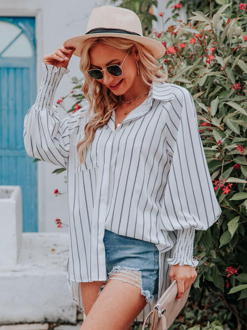 Striped Collared Neck Lantern Sleeve Shirt |1mrk.com