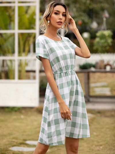 Smocked Plaid Round Neck Short Sleeve Dress | Trendsi