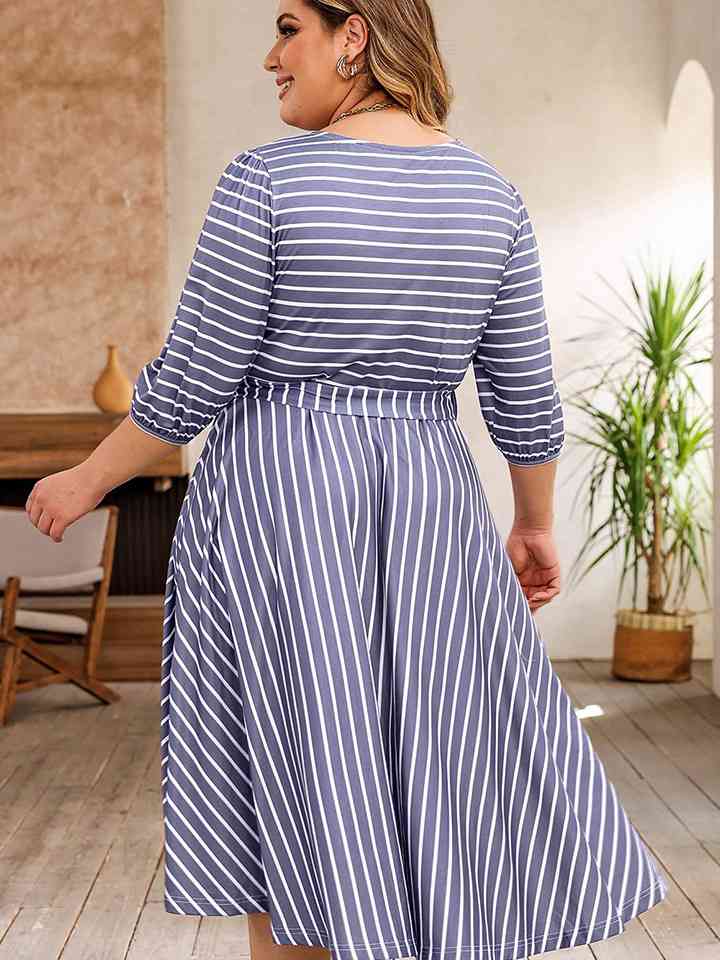 Plus Size Round Neck Striped Tie Waist Dress |1mrk.com