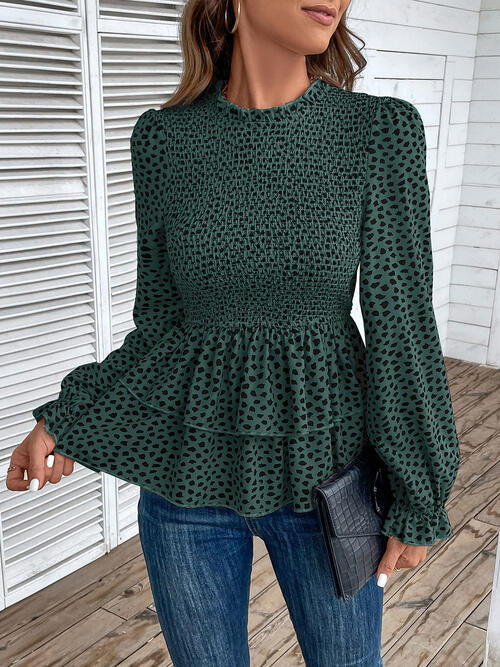 Printed Round Neck Smocked Flounce Sleeve T-Shirt | 1mrk.com