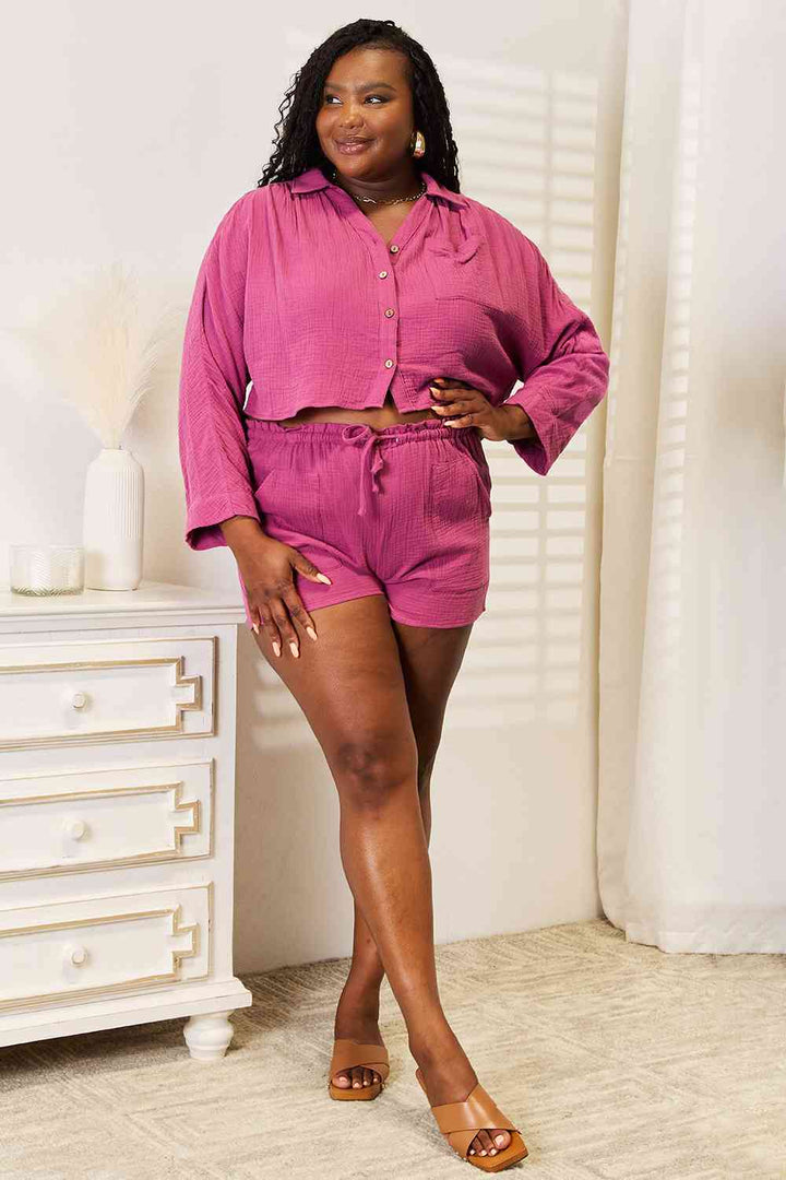 Basic Bae Buttoned Long Sleeve Top and Shorts Set | 1mrk.com