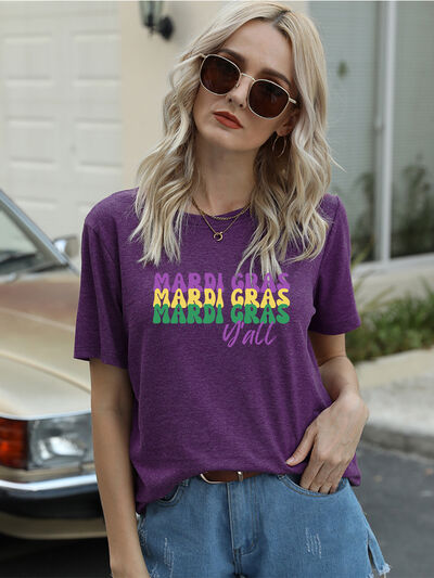 Full Size MARDI GRAS Y'ALL Round Neck T-Shirt | Trendsi