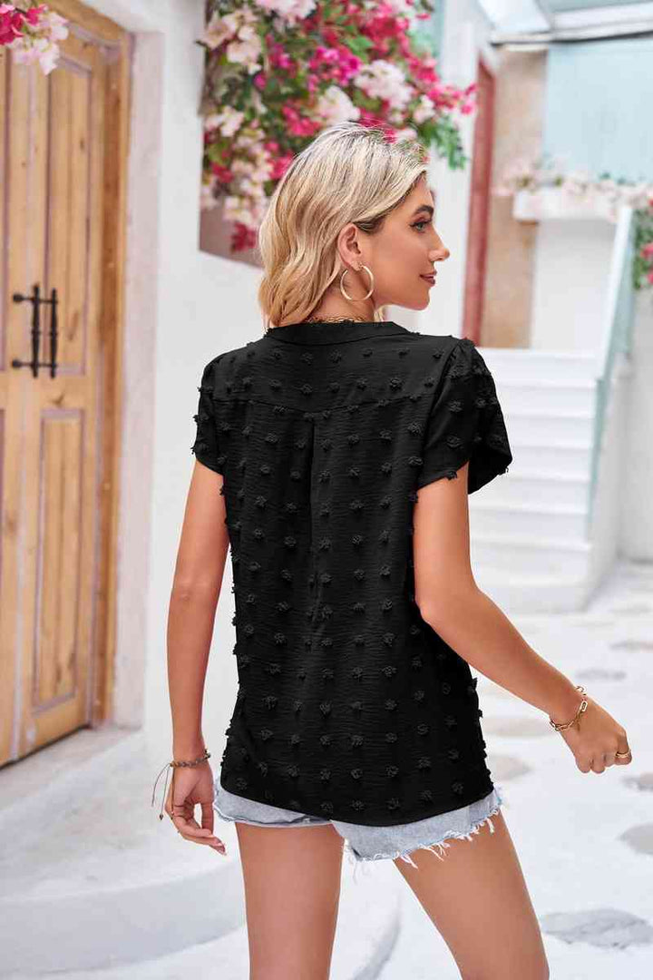 Swiss Dot Petal Sleeve Notched Top | 1mrk.com