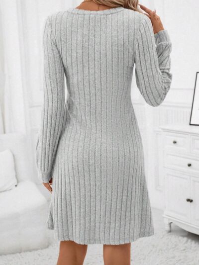 Ribbed V-Neck Long Sleeve Sweater Dress |1mrk.com