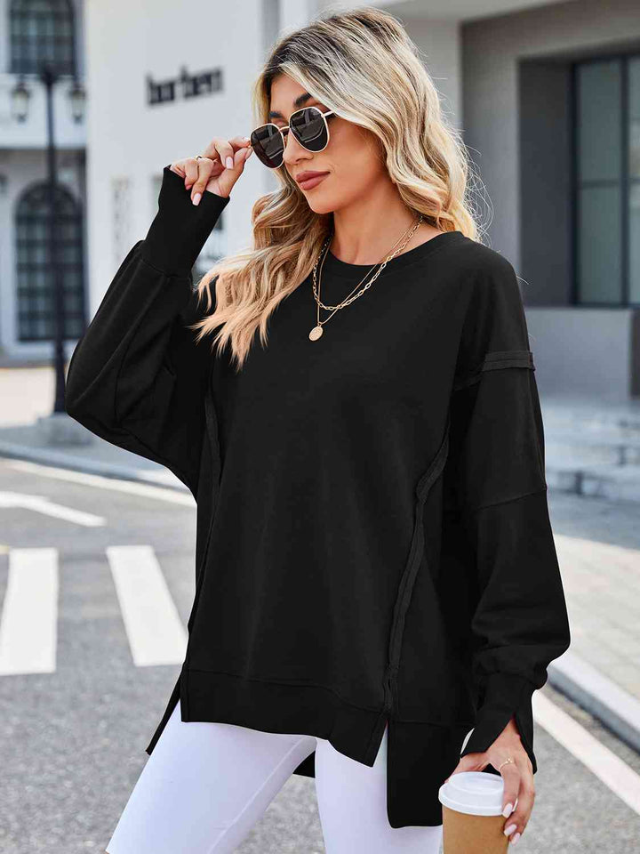 Exposed Seam High-Low Round Neck Sweatshirt |1mrk.com