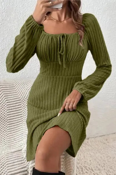 Ribbed Tied Square Neck Long Sleeve Mini Dress |1mrk.com