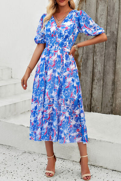 Smocked Printed V-Neck Short Sleeve Dress |1mrk.com