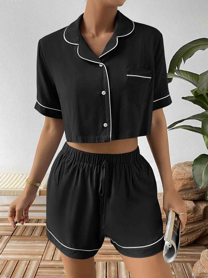 Contrast Lapel Collar Cropped Shirt and Shorts Lounge Set | 1mrk.com