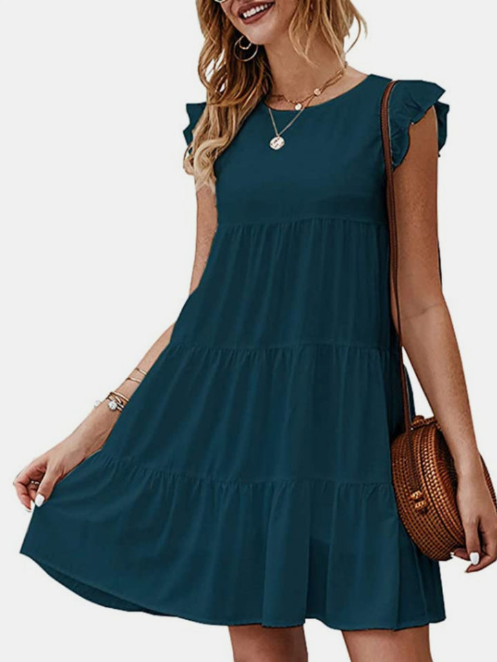 Ruffled Round Neck Cap Sleeve Mini Dress | Trendsi