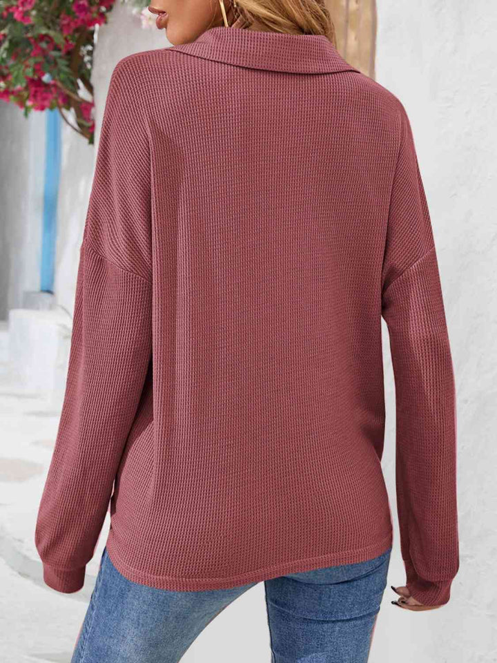 Half Button Collared Neck Long Sleeve Top | 1mrk.com