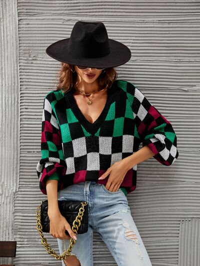 Checkered V-Neck Lantern Sleeve Sweater |1mrk.com