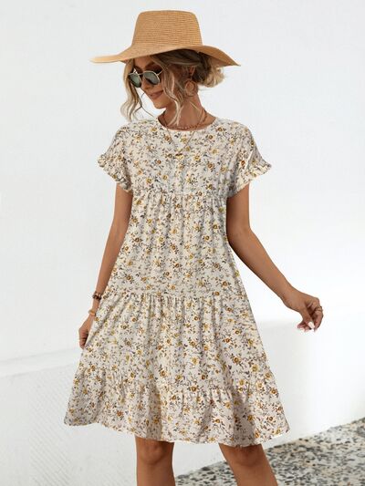 Frill Floral Round Neck Short Sleeve Tiered Dress |1mrk.com