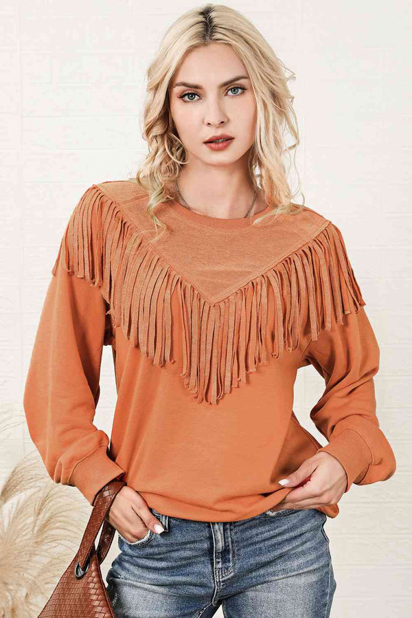 Fringe Trim Round Neck Sweatshirt |1mrk.com