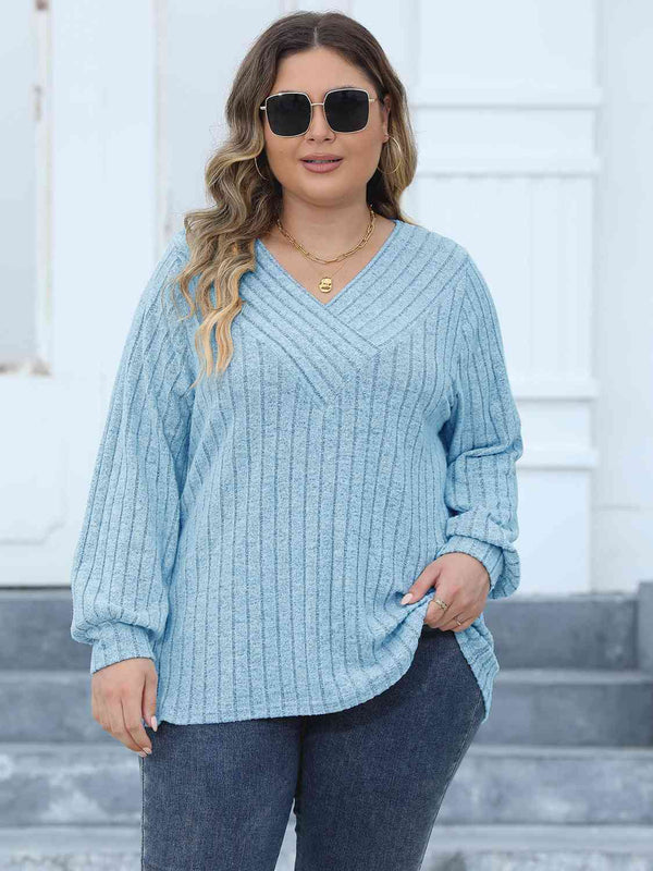 Plus Size Ribbed V-Neck Long Sleeve Top | 1mrk.com