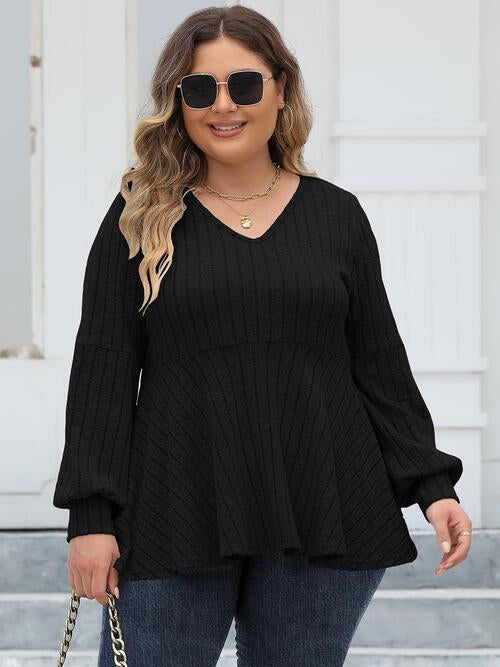 Plus Size Ribbed V-Neck Long Sleeve Blouse | 1mrk.com