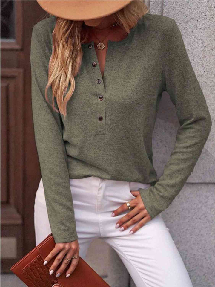 Round Neck Buttoned Long Sleeve T-Shirt | 1mrk.com