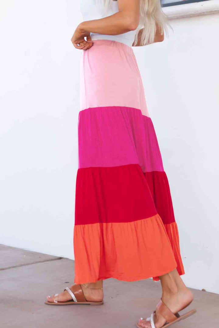 Color Block Tiered Maxi Skirt |1mrk.com