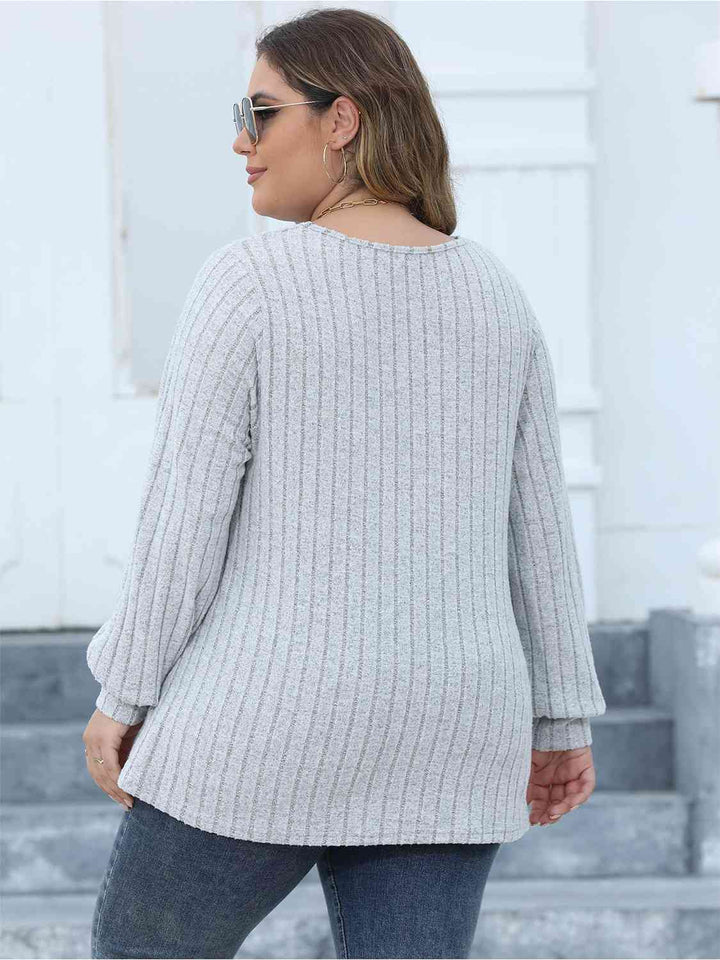 Plus Size Ribbed V-Neck Long Sleeve Top | 1mrk.com