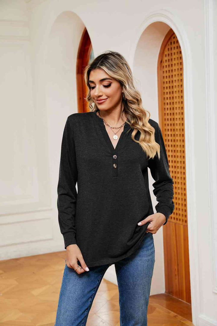 Buttoned Notched Neck Long Sleeve Top | 1mrk.com