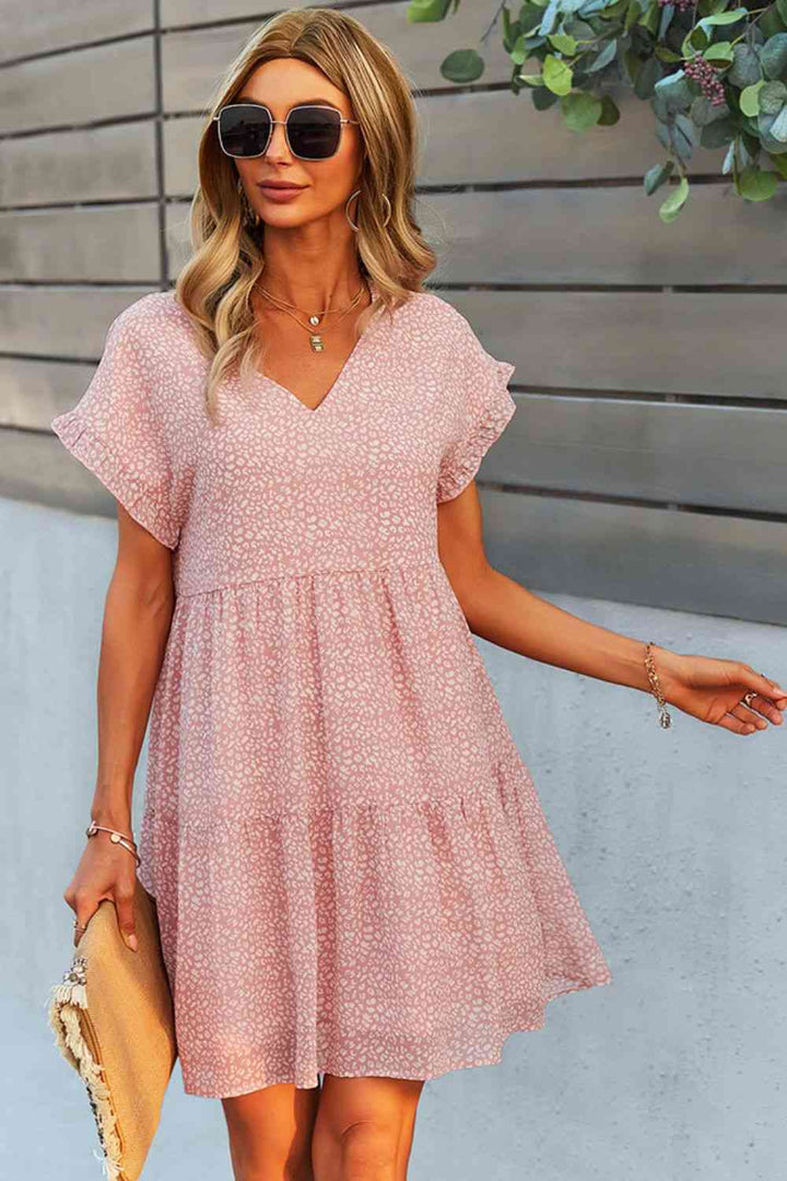 Printed V-Neck Short Sleeve Tiered Dress |1mrk.com