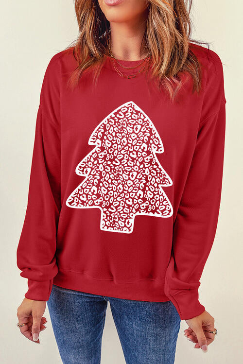 Christmas Tree Graphic Round Neck Sweatshirt |1mrk.com