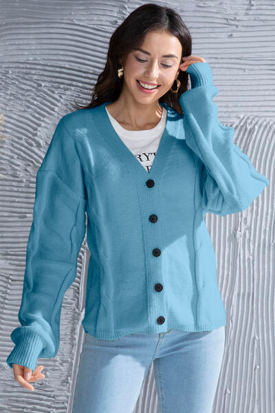 Button Up V-Neck Drop Shoulder Long Sleeve Cardigan |1mrk.com