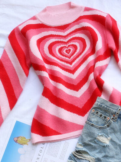 Heart Mock Neck Long Sleeve Sweater |1mrk.com