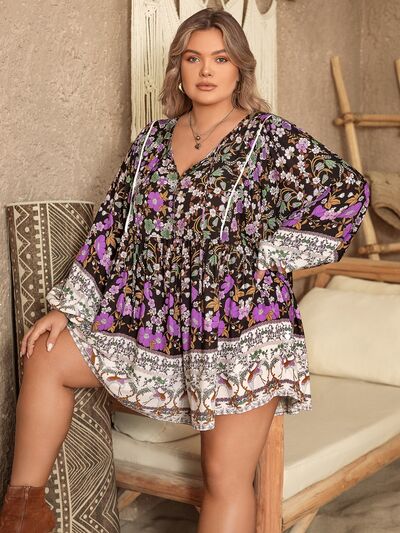 Plus Size Printed Tie Neck Mini Dress |1mrk.com