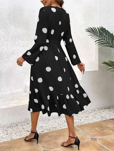 Tied Polka Dot Round Neck Ruffle Hem Dress |1mrk.com