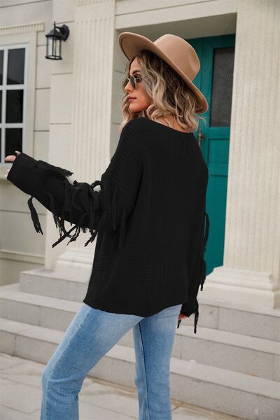 Fringe Round Neck Dropped Shoulder Sweater |1mrk.com