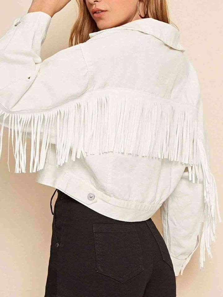 Fringe Detail Collared Neck Long Sleeve Denim Jacket | 1mrk.com