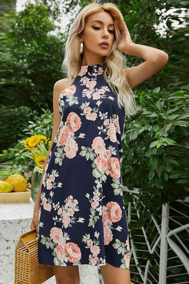 Floral Tied Sleeveless Grecian Neck Mini Dress |1mrk.com