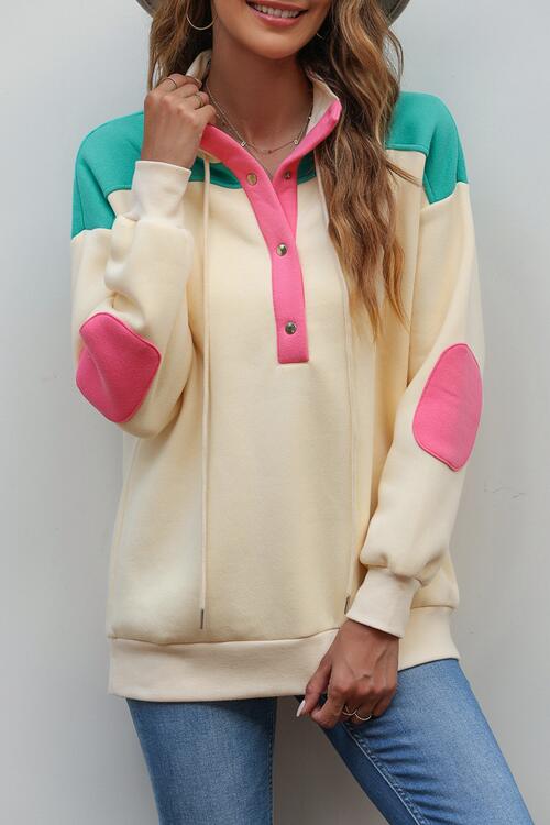 Color Block Half Snap Drawstring Sweatshirt |1mrk.com