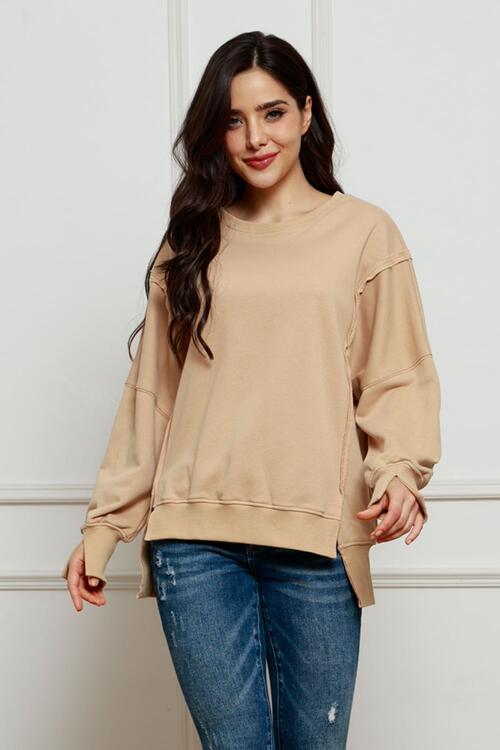 Exposed Seam Long Sleeve Slit Sweatshirt |1mrk.com