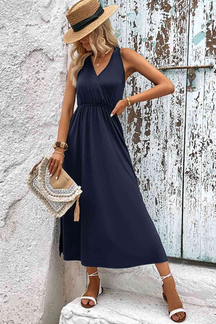 Surplice Neck Slit Sleeveless Dress |1mrk.com