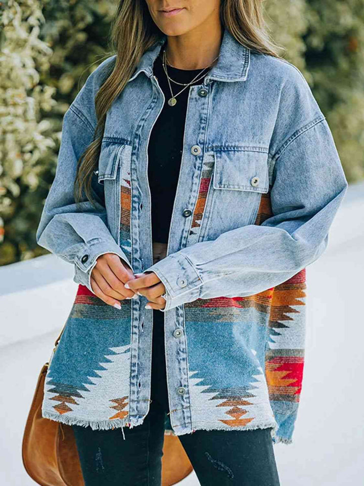 Collared Neck Dropped Shoulder Denim Jacket | 1mrk.com