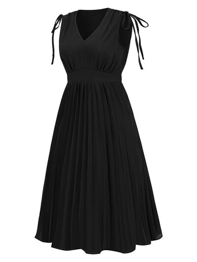 Pleated V-Neck Sleeveless Midi Dress |1mrk.com