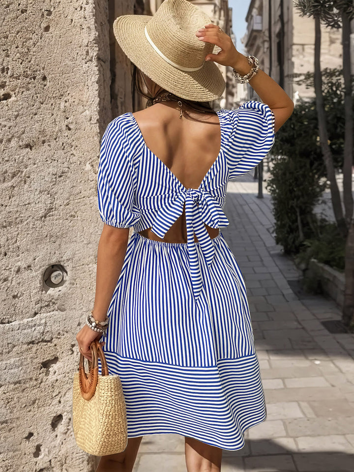 Smocked Striped Balloon Sleeve Mini Dress | Trendsi