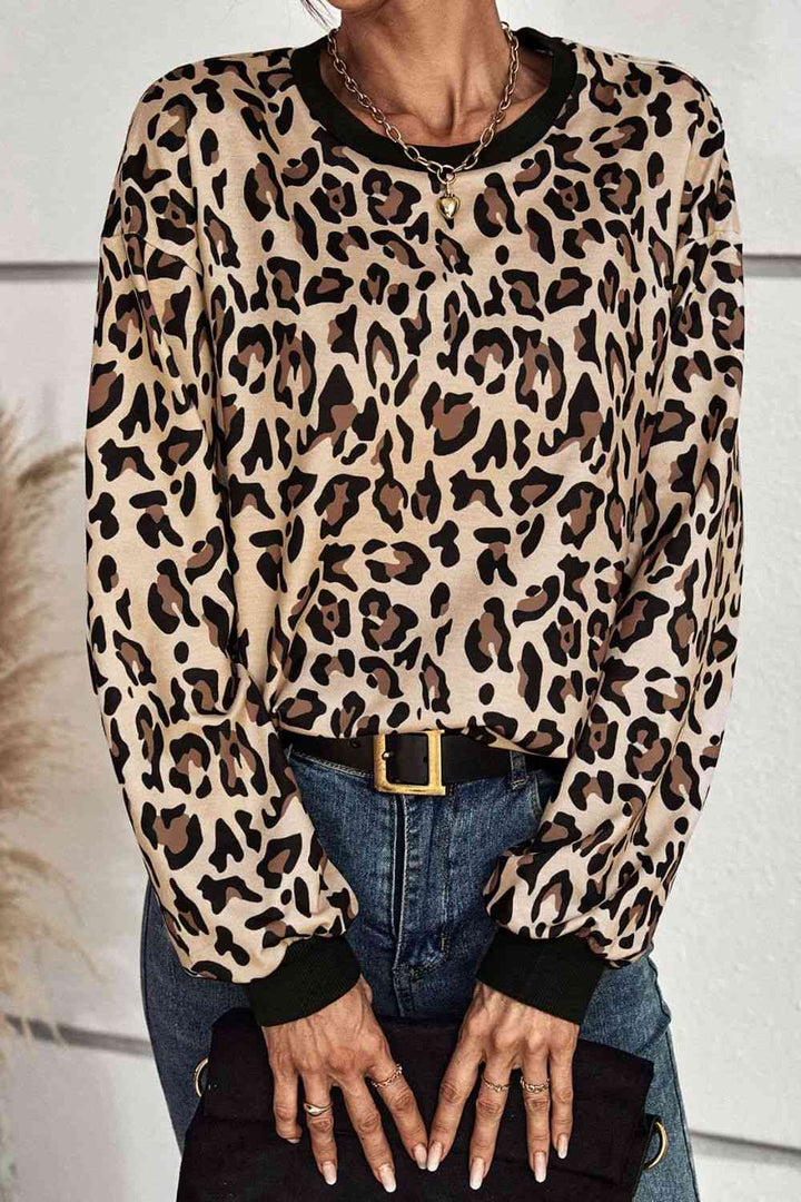 Leopard Round Neck Dropped Shoulder Sweatshirt |1mrk.com