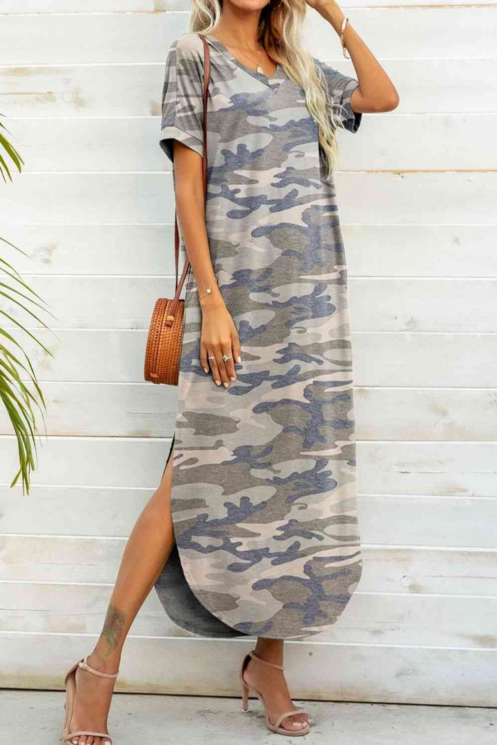 Printed V-Neck Curved Hem Dress |1mrk.com