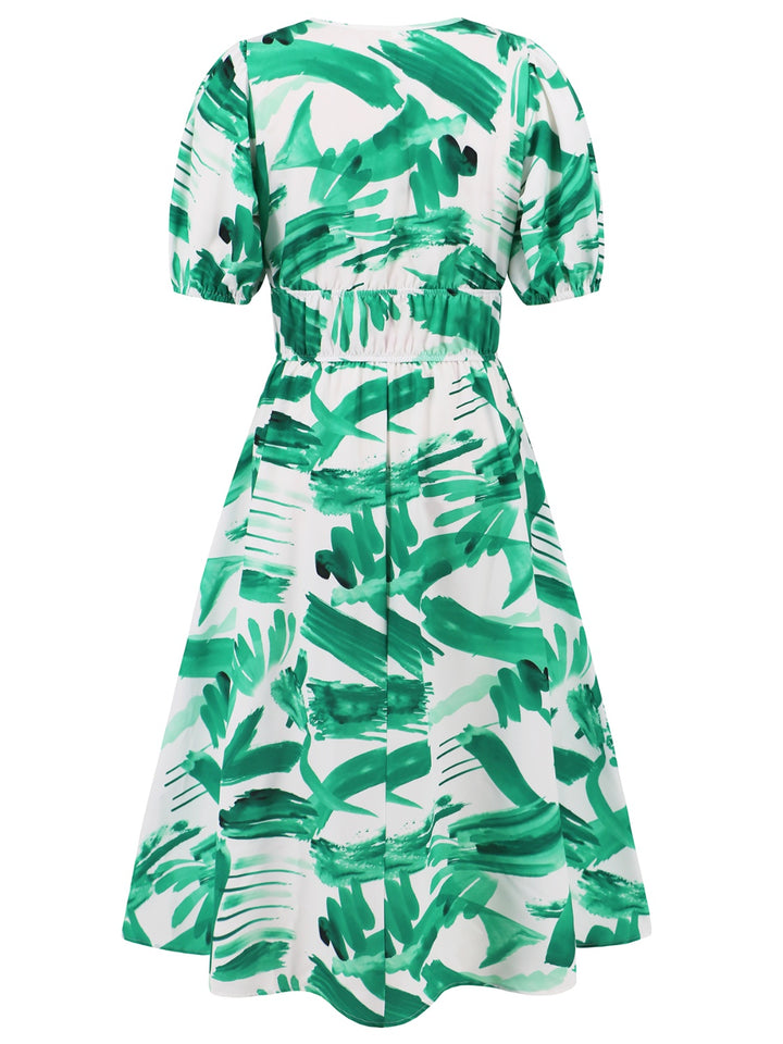 Ruched Printed Surplice Short Sleeve Dress | Trendsi