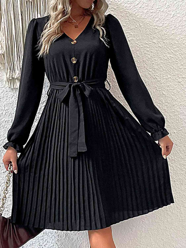 Decorative Button Belted Puff Sleeve Pleated Dress | 1mrk.com