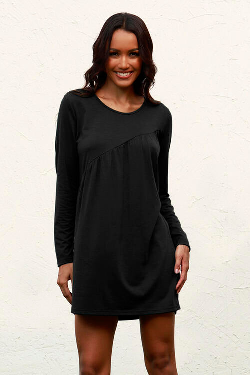 Ruched Round Neck Long Sleeve Dress | 1mrk.com