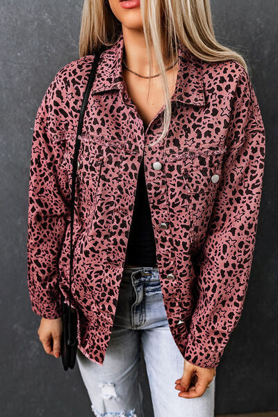 Leopard Raw Hem Button Up Denim Jacket |1mrk.com