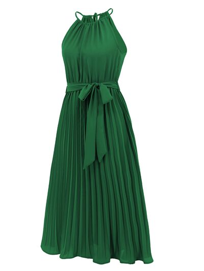 Pleated Spaghetti Strap Tie Waist Midi Dress |1mrk.com